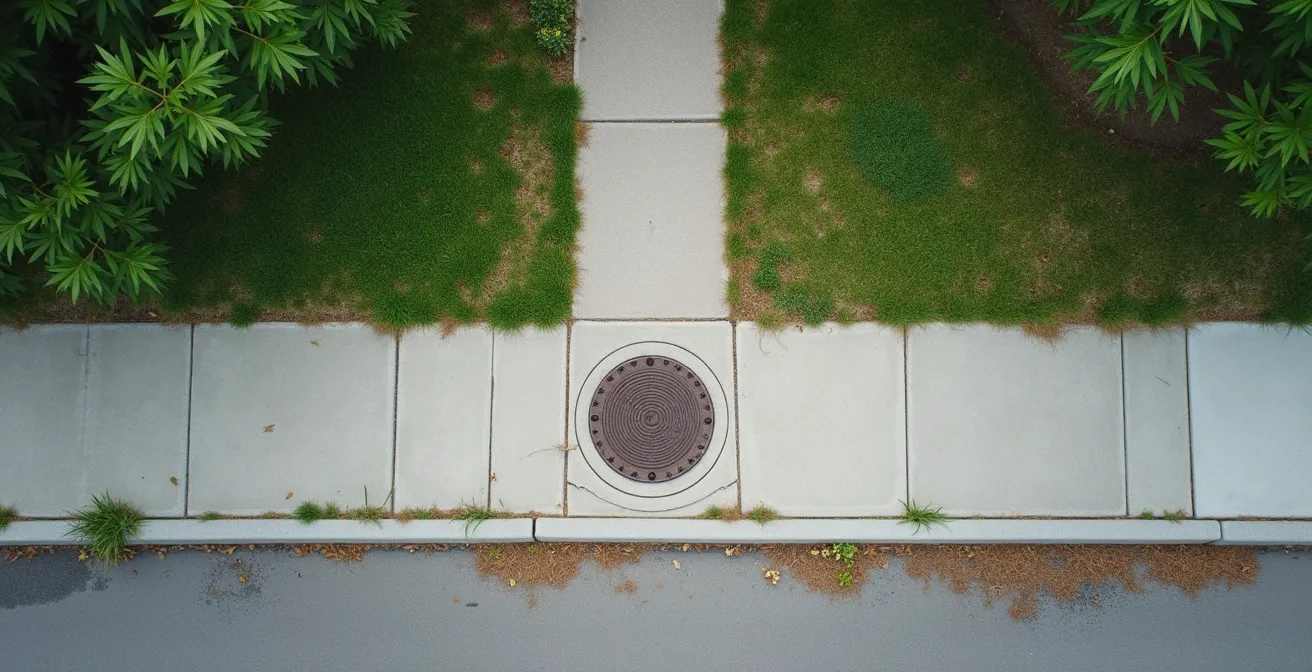 Vue aérienne d'un terrain résidentiel montréalais montrant la démarcation entre partie publique et privée de l'entrée d'eau