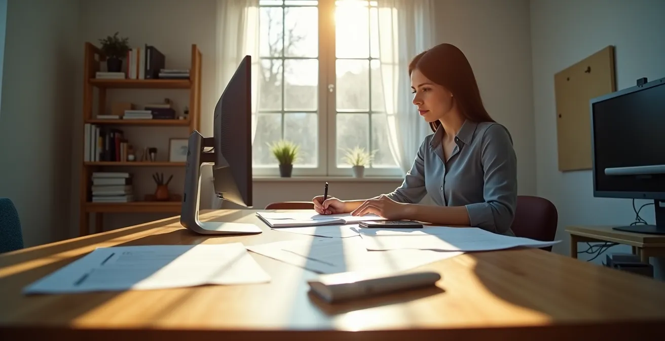 Personne consultant attentivement des documents officiels sur un bureau avec ordinateur en arrière-plan